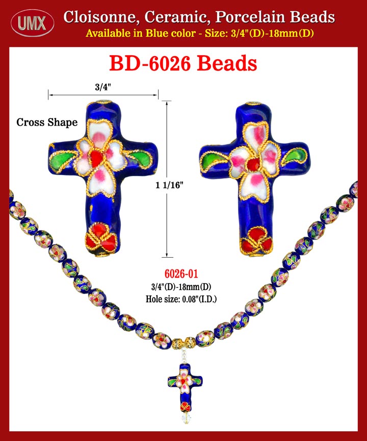 Cloisonne Cross Beads - Pendant Blue Color Enamel Flower Arts.