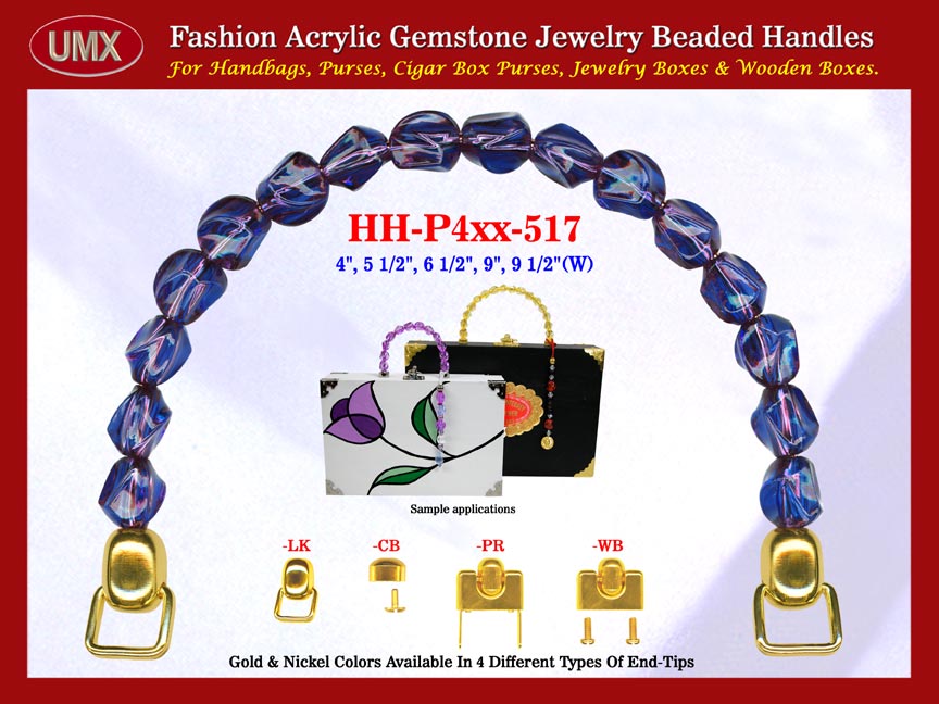 We are supplier of wholesale womens handmade handbag making hardware accessories. Our wholesale womens handmade handbag handles are fashioned from Sapphire gemstone beads - deep blue acrylic gemstone beads.