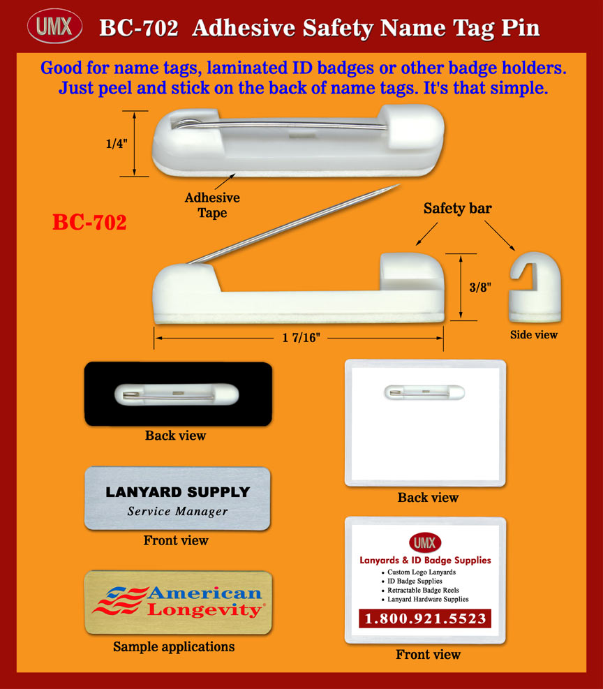 Compact Size Safety Name Tag Pin Clips With Adhesive Tapes