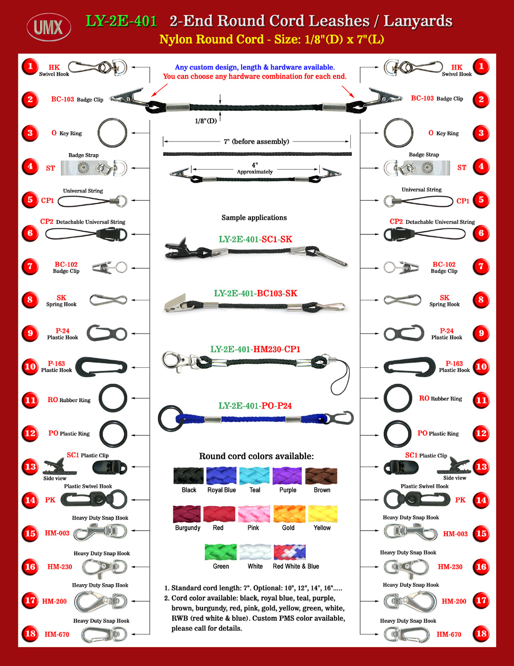 1/8" Nylon Round Cord 2-End Leash Lanyards. Not only 1/8" diameter of nylon round cords, we still have a variety of smaller or bigger size or braided round cords available