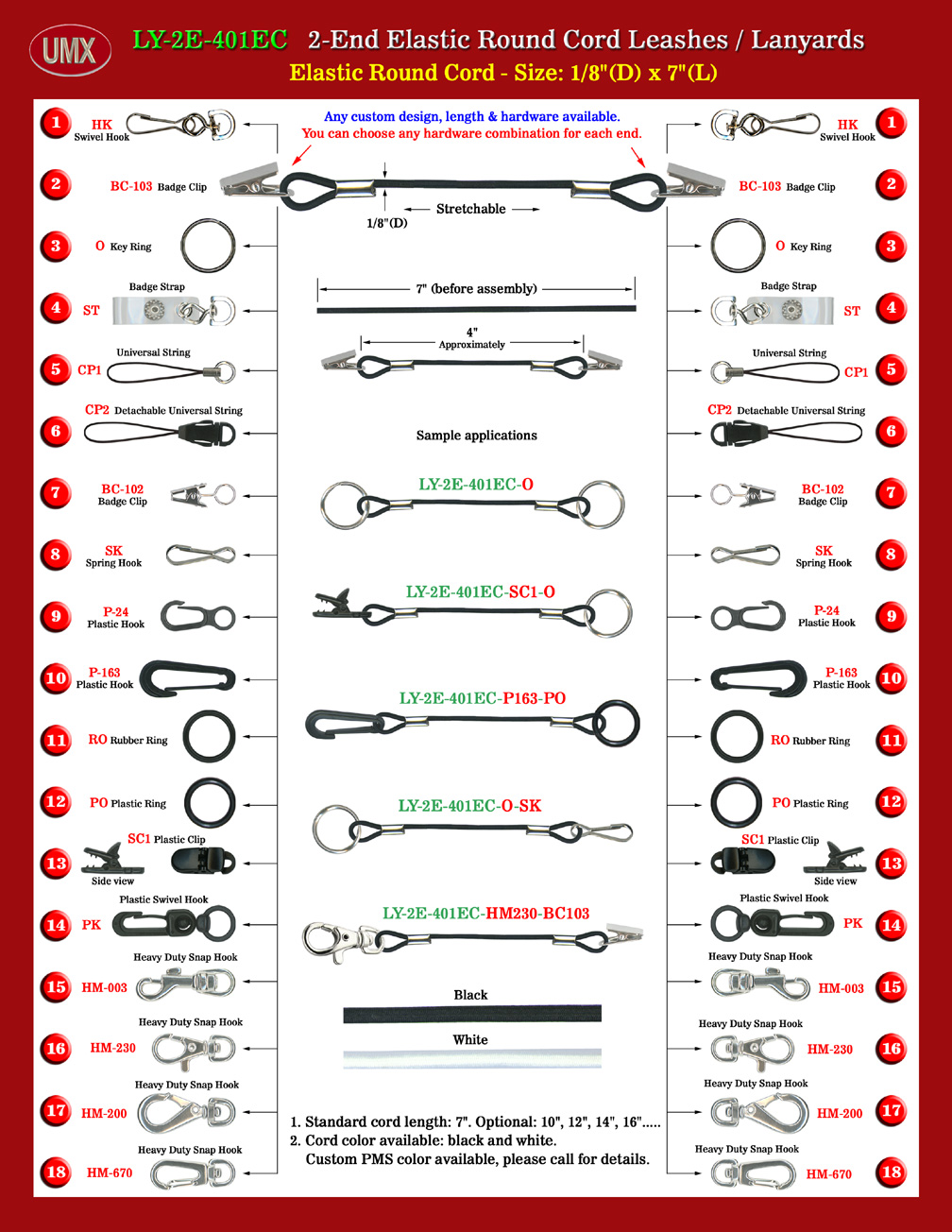 1/8" Stretchable Round Cord 2-End Elastic Leashes or Stretchy Lanyards.