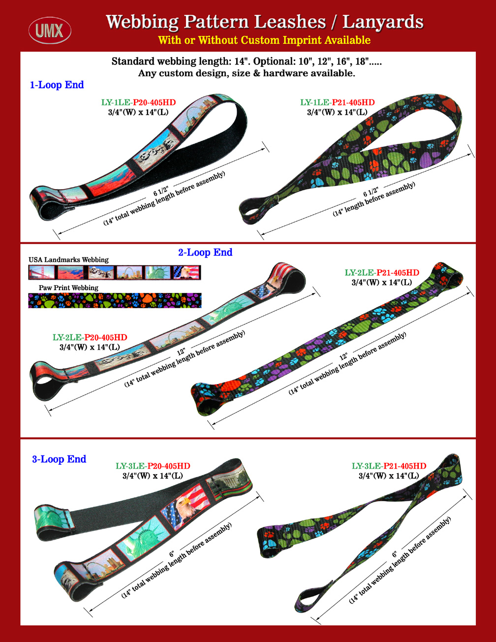 3/4" Paw Print and American Landmark Printed Loop Leashes or Lanyards.