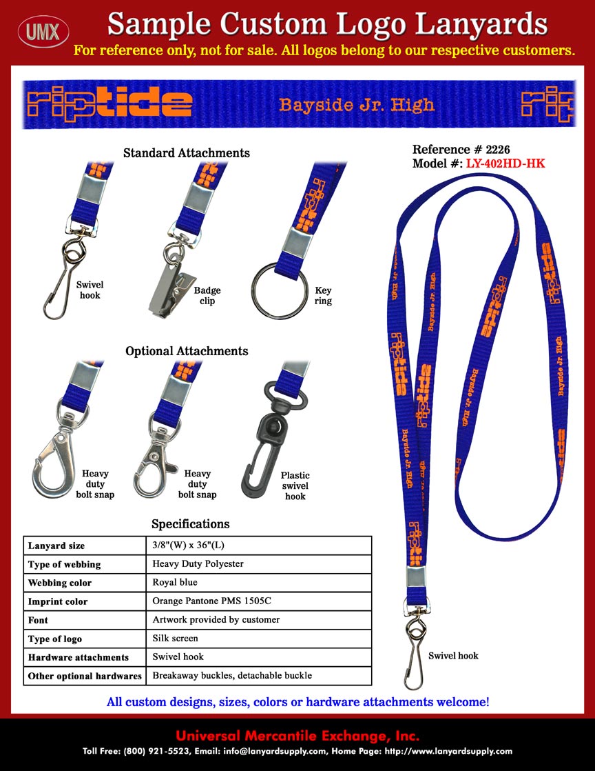 3/8" Printed Custom Lanyards: riptide Bayside Jr. High School Lanyards - Youth Group Award Winning