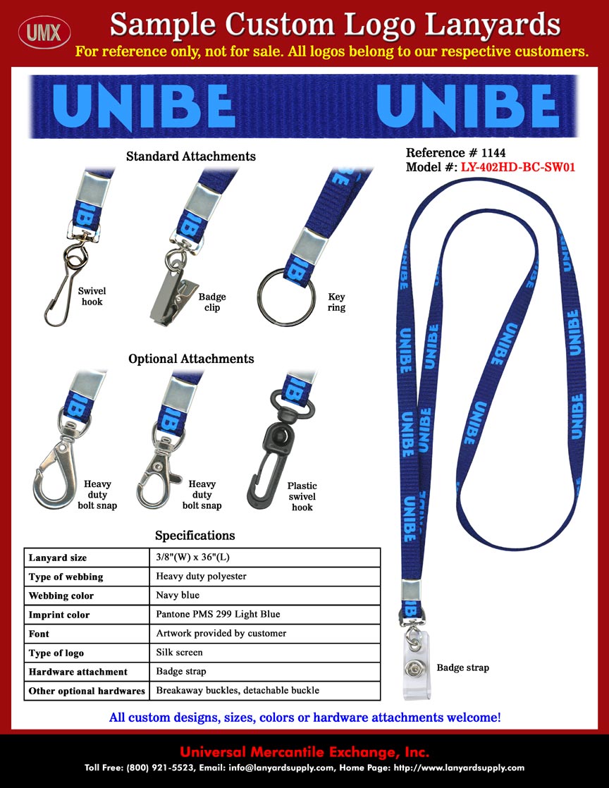 3/8" Custom Printed Lanyards: University of Berne UNIBE Lanyards - Navy Blue Lanyard Straps Imprinted with Pantone PMS 299 Light Blue Logo.