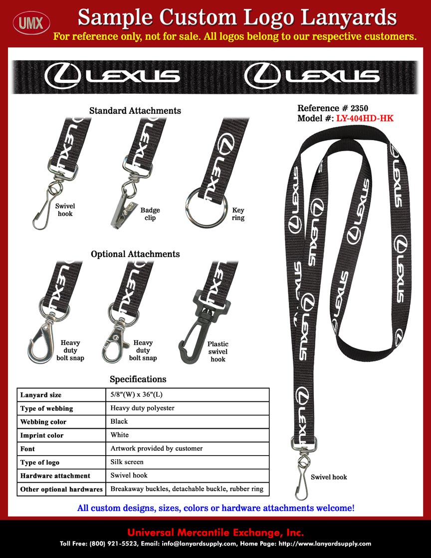 5/8" Custom Printed Lanyards: LEXUS - Luxury Motor Vehicles - Luxury Car Lanyards - Black Color Lanyard Straps with White Color LEXUS Logo Imprinted.