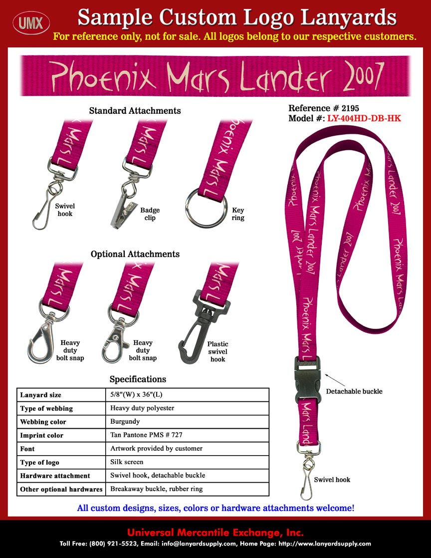 5/8" Custom Printed Lanyards: Phoenix Mars Lander 2007  Lanyards - Burgundy Lanyards with Tan Color Logos.