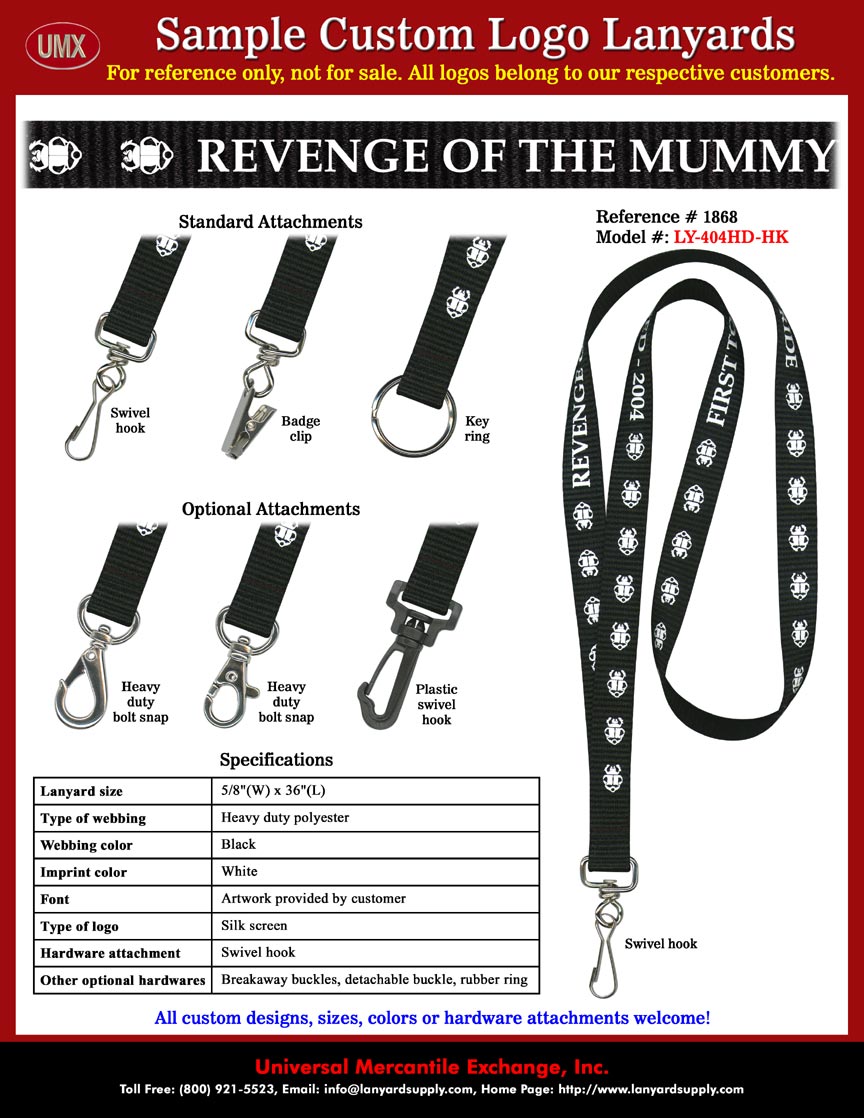 5/8" Printed Custom Lanyards: Universal Studios: Revenge of the Mummy  The Blockbuster Roller Coaster Ride - Front Line Pass Holder Lanyards.5/8" Printed Custom Lanyards: Universal Studios: Revenge of the Mummy  The Blockbuster Roller Coaster Ride - Front Line Pass Holder Lanyards.