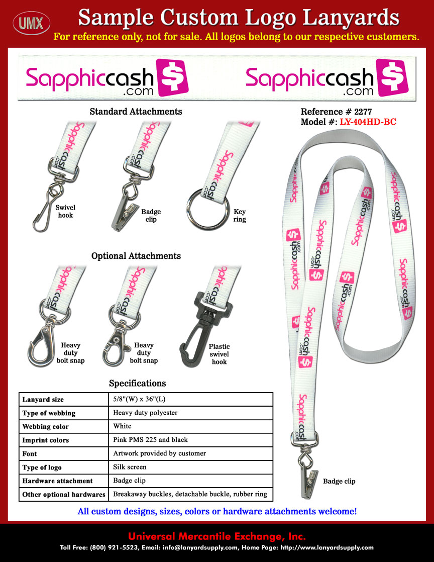 5/8" Custom Lanyards: Sapphiccash Lanyards - White Color Lanyard Straps with Pantone PMS #225 Pink and Black Color Custom Logo Imprinted.