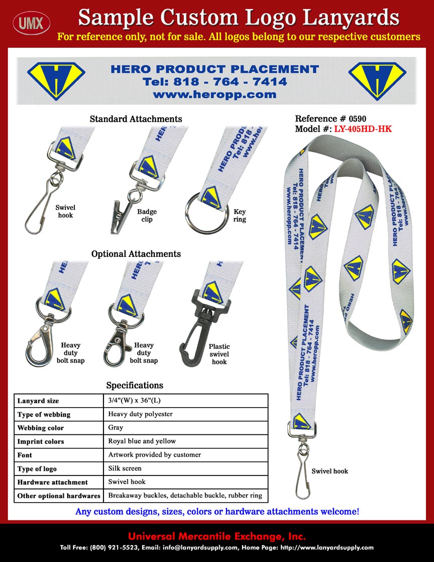 3/4" Hero Product Placement + Phone Number + Web Address+ Graphic Logo Custom Lanyards.