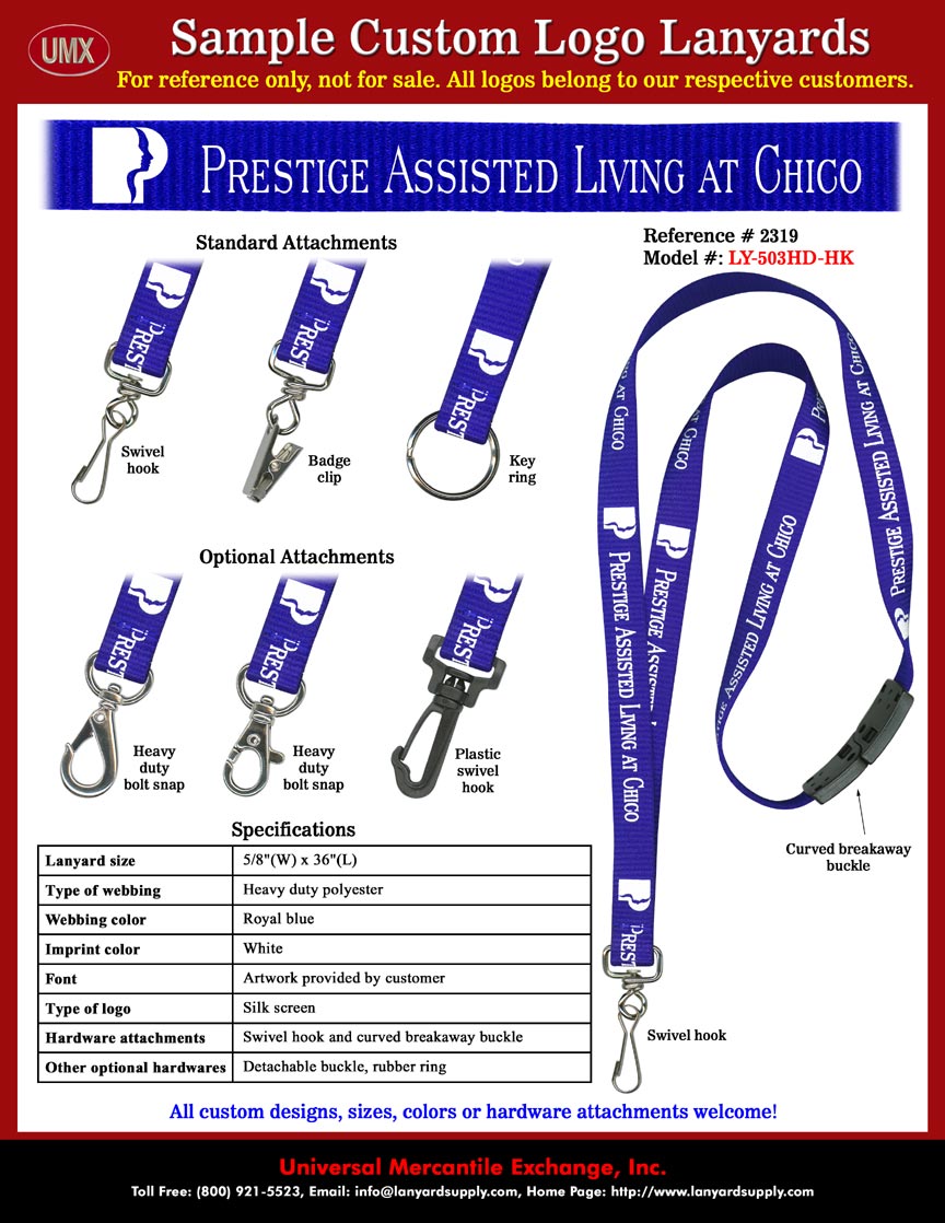 5/8" Custom Printed Safety Lanyards: Prestige Assisted Living At Chico Lanyards - Royal Blue Color Lanyard Straps With White Color Logo Imprinted Safety Breakaway Lanyards.