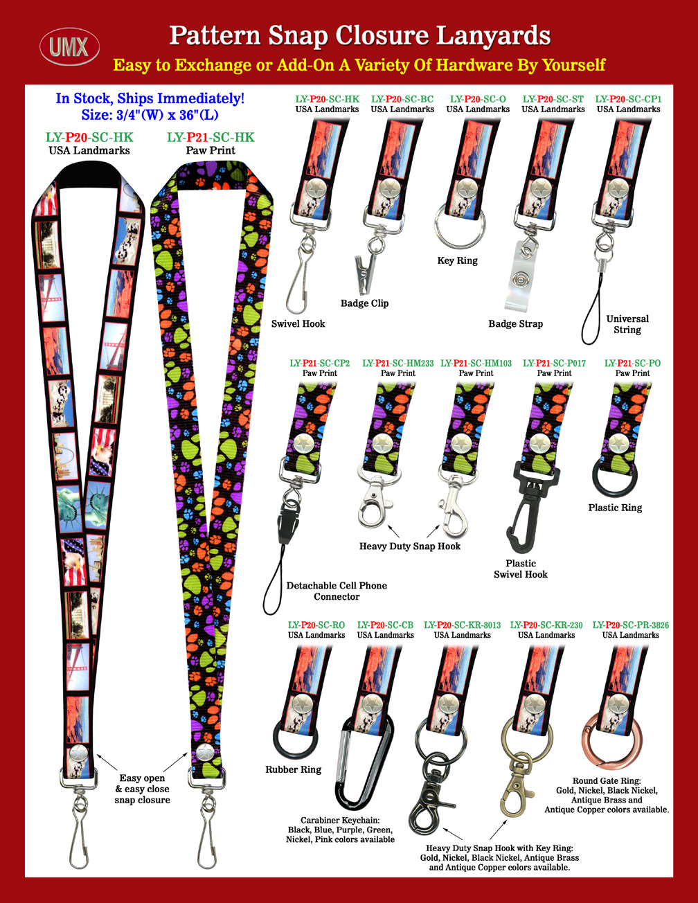 3/4" USA Landmark and Paw Print Snap Closure Lanyards.