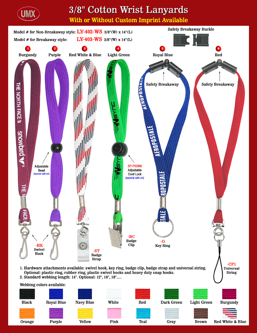 Custom Order or Custom Printed 3/8" Wrist Lanyards With Metal Coupler Fastening Hardware.