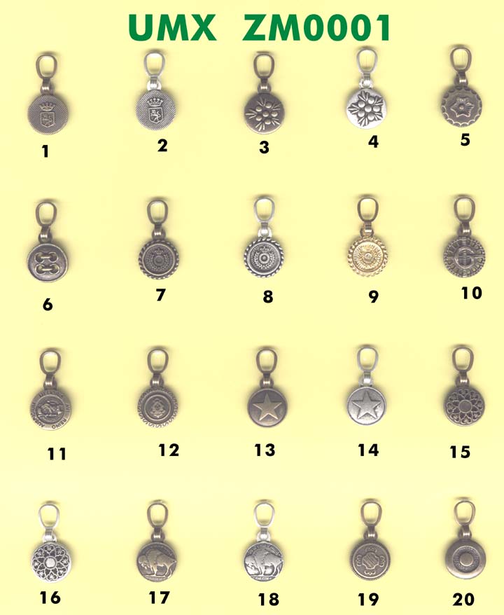 large picture - most popular zipper pulls, fashion pulls series 1: Metal zipper pulls and fashion pulls zm001-10 series for bags,belts, buckles,
buttons, notions, novelties,shoes, ornaments, trims,trimmings,laces,snaps,hooks and
garment industries 